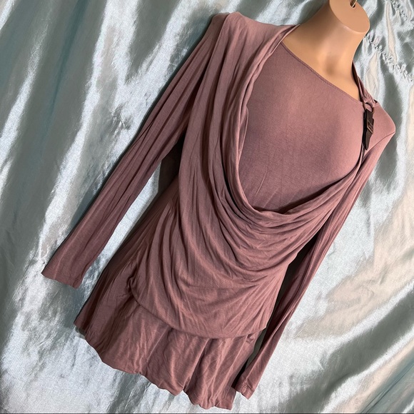 Super fitted steampunk draped design taupe LS knit tee-top, M runs sm. - Picture 6 of 7